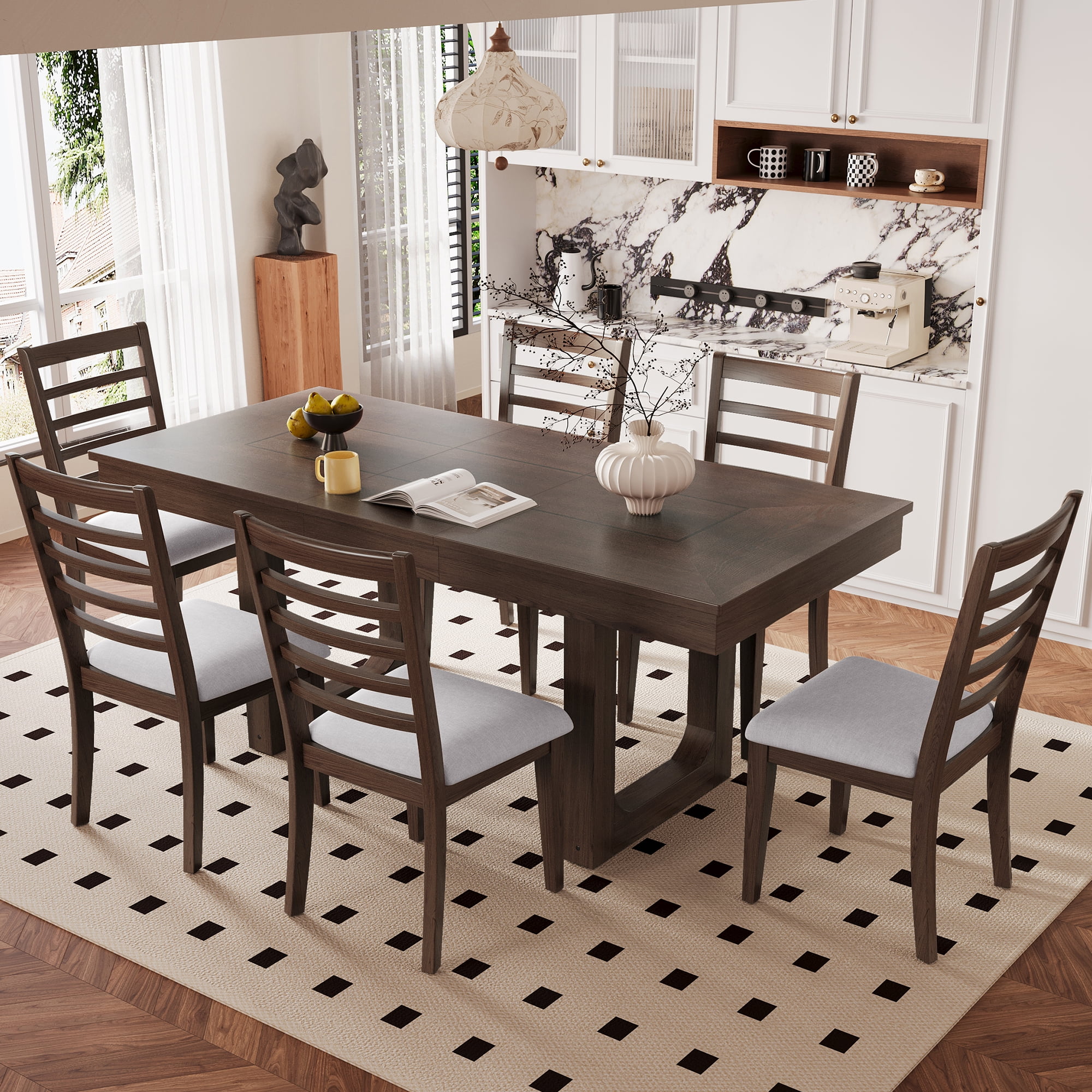 Harper & Bright Designs Farmhouse Extendable Dining Table Set for 6, 7 ...