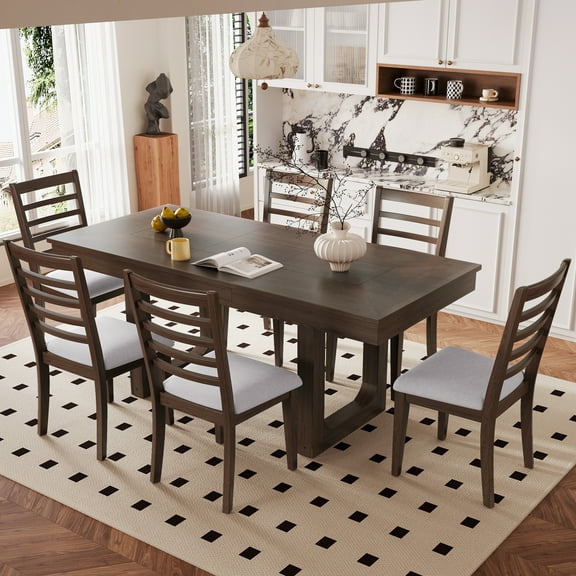 Harper & Bright Designs Farmhouse Extendable Dining Table Set for 6, 7 Pieces Rectangle Dining Table with 6 Upholstered Chairs, Wood Expanding Kitchen Table Set for Dining Room, Brown