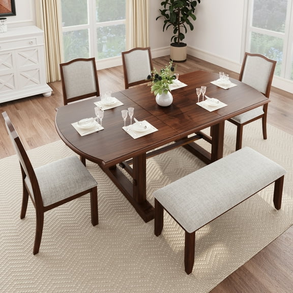Harper & Bright Designs Farmhouse Extendable Dining Table Set for 6, Rectangle Dining Table with Removable Leaf, 7 Pieces Wood Expanding Kitchen Table Set with 6 Upholstered Chairs, Cherry