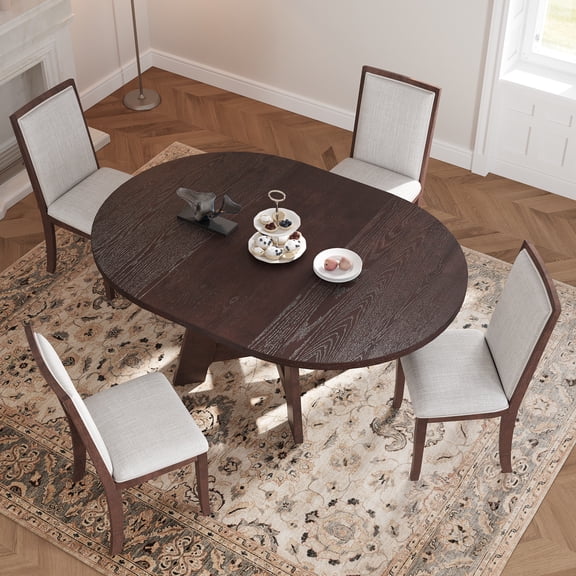 Harper & Bright Designs Farmhouse Extendable Round Dining Table Set for 4, Kitchen Table Set with Removable Leaf and 4 Upholstered Dining Chairs for Small Places, Espresso,LIGHT GREY