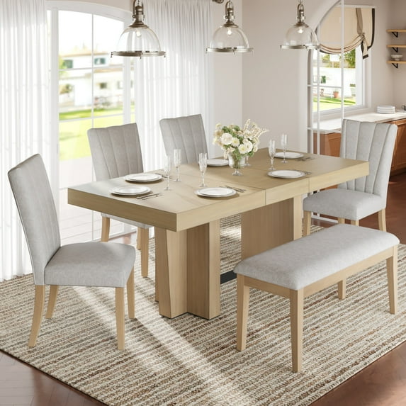 Harper & Bright Designs Farmhouse Extendable Wood Dining Table Set for 6, Kitchen Table Set with Bench and 4 Upholstered Chairs for Kitchen Dining Room, Natural