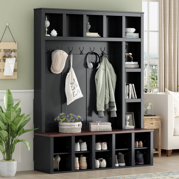 Harper & Bright Designs Farmhouse Hall Tree with Bench and Hooks , 4-in-1 Coat Rack with Shoe Cabinet , 76.7"H Entryway Tree with Storage and Adjustable Shelves for Living Room , Black