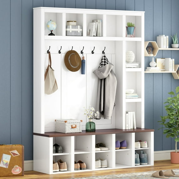 Harper & Bright Designs Farmhouse Hall Tree with Bench and Hooks , 4-in-1 Coat Rack with Shoe Cabinet , 76.7"H Entryway Tree with Storage and Adjustable Shelves for Living Room , White