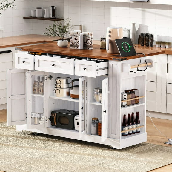Harper & Bright Designs Farmhouse Kitchen Island with Drop Leaf and Wheels, Kitchen Storage Cart with Drawers and Tempered Glass Cabinet Doors, Rolling Kitchen Island with Power Outlet, White