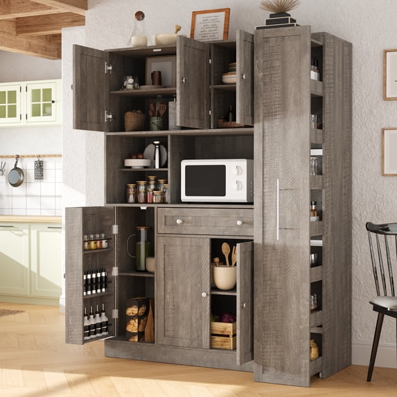 Harper & Bright Designs Farmhouse Kitchen Pantry Cabinet with Microwave Shelf, Tall Kitchen Storage Cabinet with Door and Drawer, Large Freestanding Hutch with Pull-Out Side Cabinet, 70", Brown