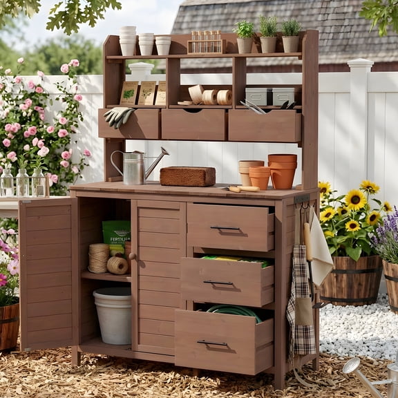 Harper & Bright Designs Farmhouse Outdoor Potting Bench with Storge Cabinet, Patio Freestanding Garden Workstation Work Table with Drawers, Shelves and Side Hook, Outdoor Kitchen Island, Brown