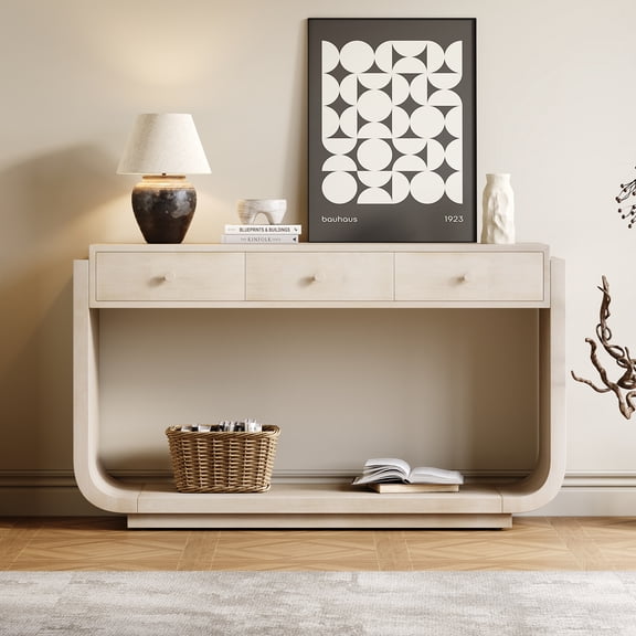 Harper & Bright Designs Farmhouse Rectangular Console Table with Storage, Narrow Entryway Table with 3 Drawers and Shelf, Wood Curved Sofa Table for Living Room, Hallway, Beige