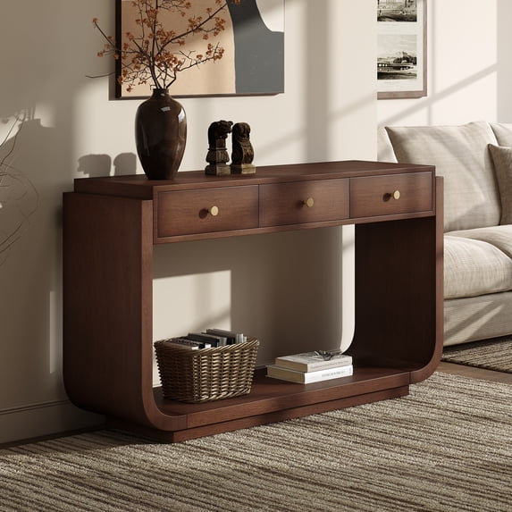 Harper & Bright Designs Farmhouse Rectangular Console Table with Storage, Narrow Entryway Table with 3 Drawers and Shelf, Wood Curved Sofa Table for Living Room, Hallway, Walnut