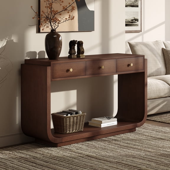 Harper & Bright Designs Farmhouse Rectangular Console Table with Storage, Narrow Entryway Table with 3 Drawers and Shelf, Wood Curved Sofa Table for Living Room, Hallway, Walnut