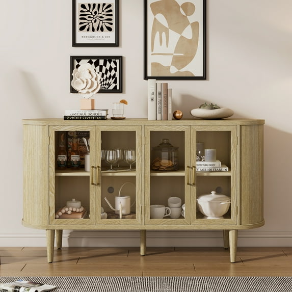 Harper & Bright Designs Farmhouse Sideboard Buffet Cabinet with Storage, Wood Kitchen Cabinet with Glass Doors and Adjustable Shelves, Natural