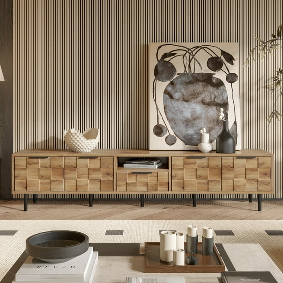 Harper & Bright Designs Farmhouse TV Stand with Drawers for 75 inch TV, Wood TV Storage Cabinet Table with Doors and Solid Wood Legs for Living Room, Natural