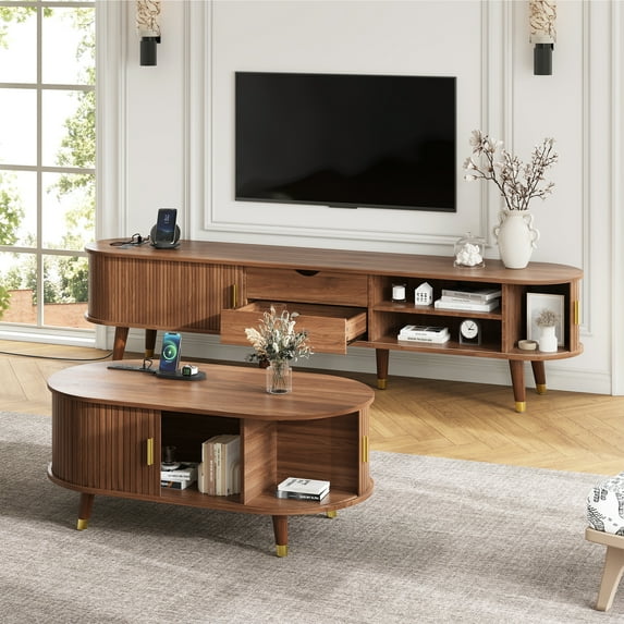 Harper & Bright Designs Farmhouse TV Stand Set with Coffee Table for 80 inch TV, Fluted TV Storage Cabinet with Sliding Doors, Oval Entertainment Center with Solid Wood Legs for Living Room, Walnut