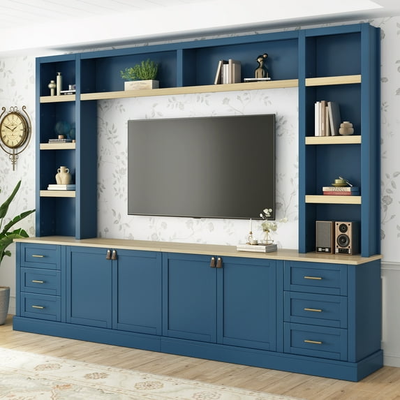 Harper & Bright Designs Farmhouse Wall Unit Entertainment Center 4-Piece with Bookshelves, Media Console with Adjustable Shelves, Large TV Stand with Storage for 75" TV, Navy Blue