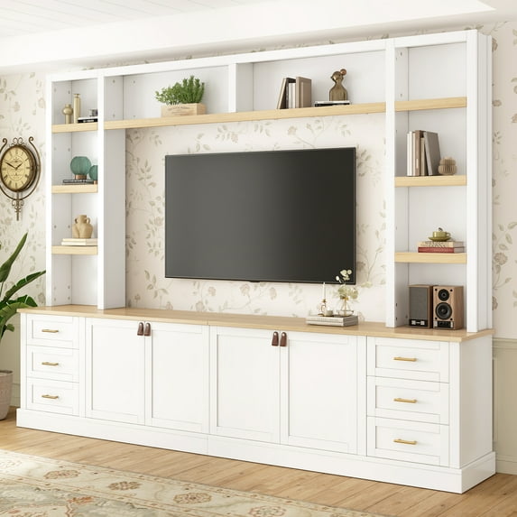 Harper & Bright Designs Farmhouse Wall Unit Entertainment Center 4-Piece with Bookshelves, Media Console with Adjustable Shelves, Large TV Stand with Storage for 75" TV, White