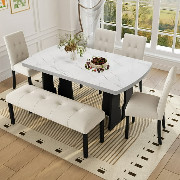 Harper & Bright Designs Faux Marble Dining Table Set for 6, 6 Pieces Rectangle Dining Table with 4 Upholstered Chairs & Bench, Modern Kitchen Furniture for Dining Room, Beige, White