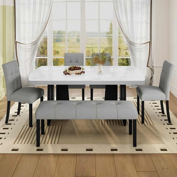 Harper & Bright Designs Faux Marble Dining Table Set for 6, 6 Pieces Rectangle Dining Table with 4 Upholstered Chairs & Bench, Modern Kitchen Furniture for Dining Room, Gray, White