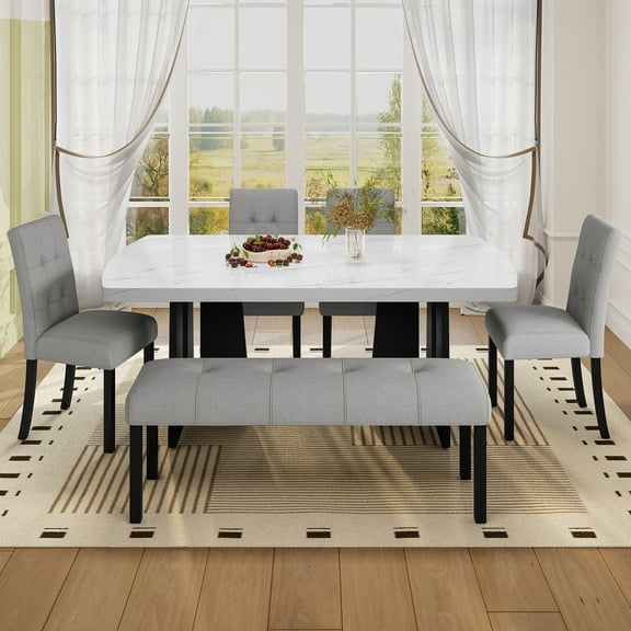 Harper & Bright Designs Faux Marble Dining Table Set for 6, 6 Pieces Rectangle Dining Table with 4 Upholstered Chairs & Bench, Modern Kitchen Furniture for Dining Room, Gray, White