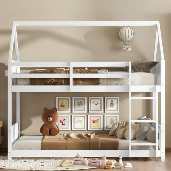 Harper & Bright Designs Floor Bunk Bed Twin over Twin with Headboards and Footboard, Wood House Shaped Bunk Bed Frame with Guardrail and Ladder, White