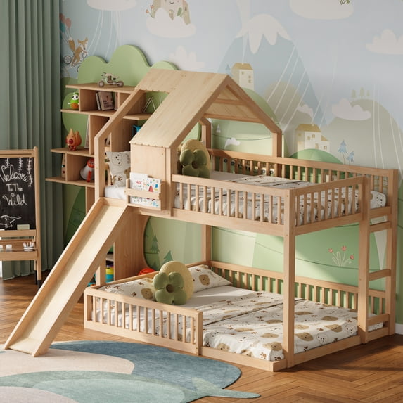Harper & Bright Designs Floor House Bunk Bed Frame Full XL Over Queen Size with Slide, Wood Bunk Bed Frame with Roof for Boys and Girls, Natural