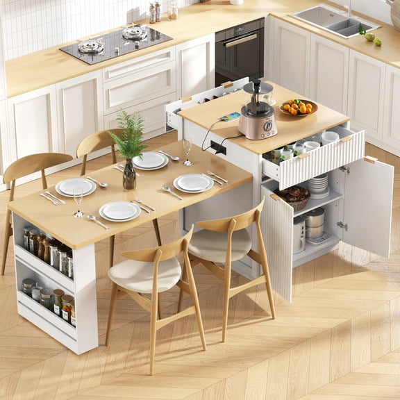 Harper & Bright Designs Fluted Kitchen Island with Extendable Dining Table for 4-6, Island Table for Kitchen with Power Outlet, Kitchen Table with Double-Side Storage and 2 Side Open Shelves, White