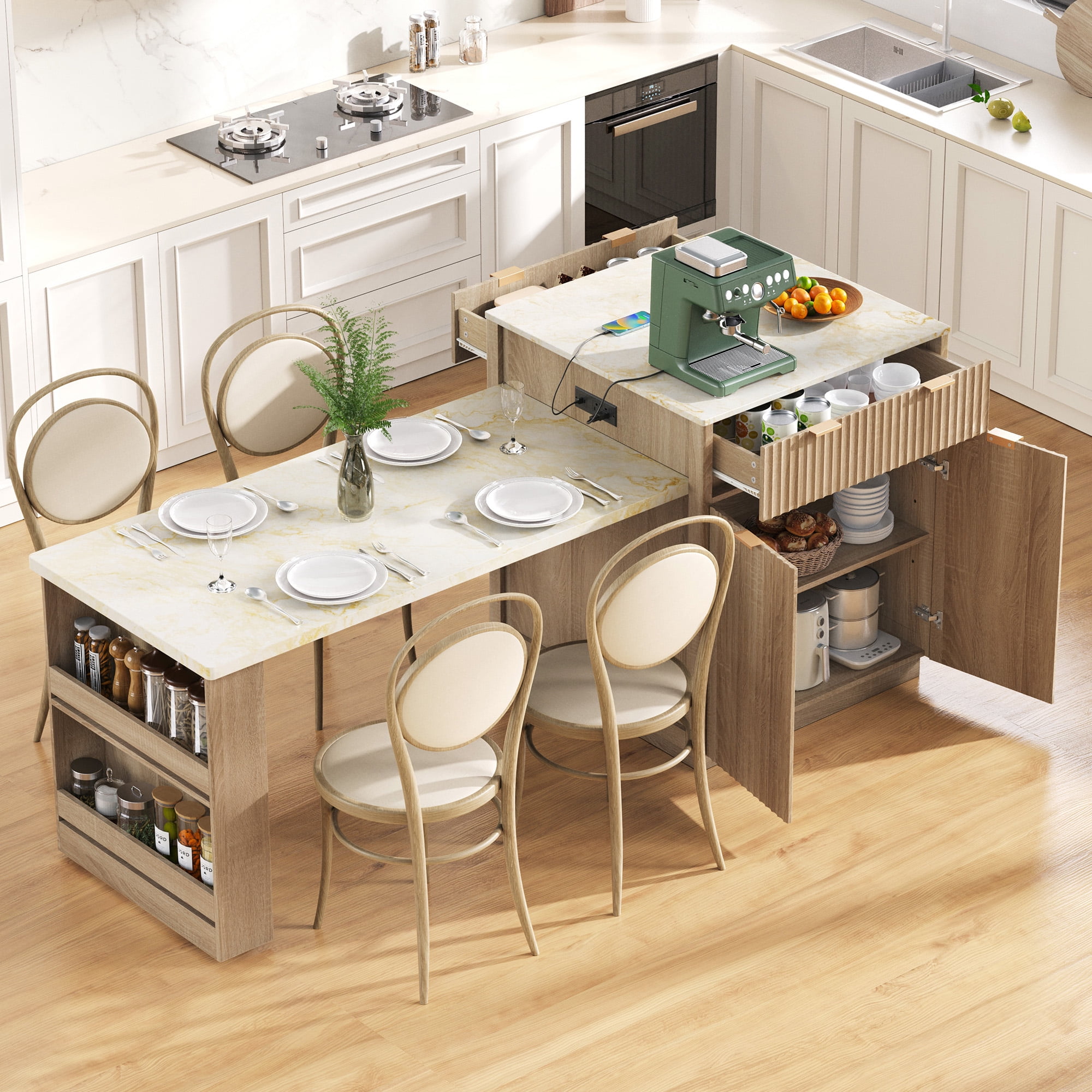 Harper & Bright Designs Fluted Kitchen Island with Extendable Dining Table for 4-6, Island Table for Kitchen with Power Outlet, Kitchen Table with Double-Side Storage and 2 Side Open Shelves, Natural