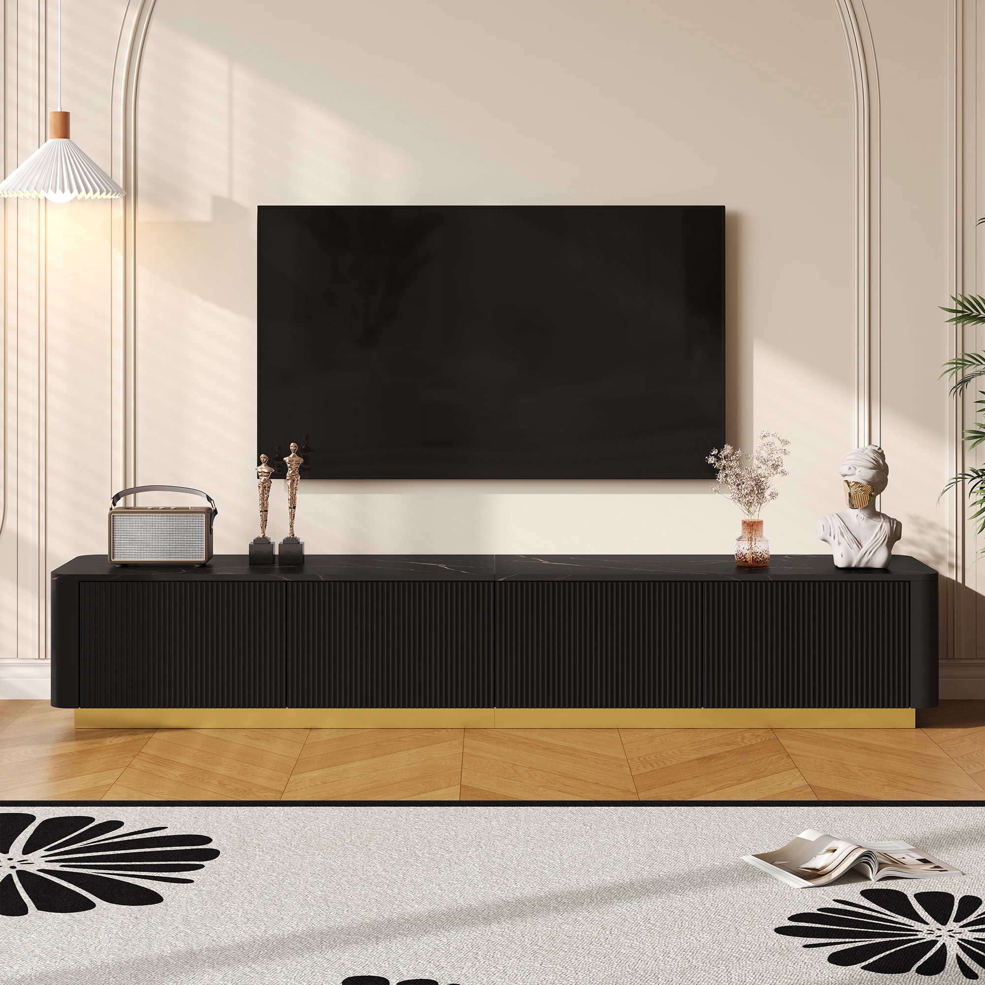Harper & Bright Designs Fluted TV Stand for 85 inch TV with Gold Base, Modern Media Console with 4 Drawers, Entertainment Center with Curved Profile Design for Living room, Black