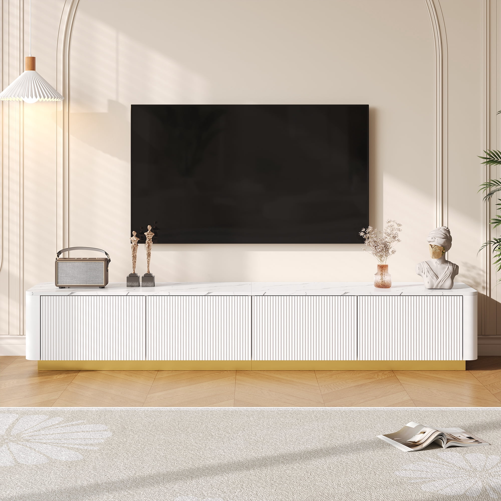 Harper & Bright Designs Fluted TV Stand for 85 inch TV with Gold Base, Modern Media Console with 4 Drawers, Entertainment Center with Curved Profile Design for Living room, White
