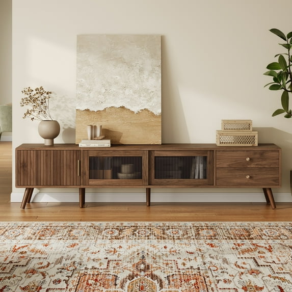 Harper & Bright Designs Fluted TV Stand with Glass Doors for 85 inch TV, Wood TV Storage Cabinet Table with Drawers and Solid Wood Legs for Living Room, Natural