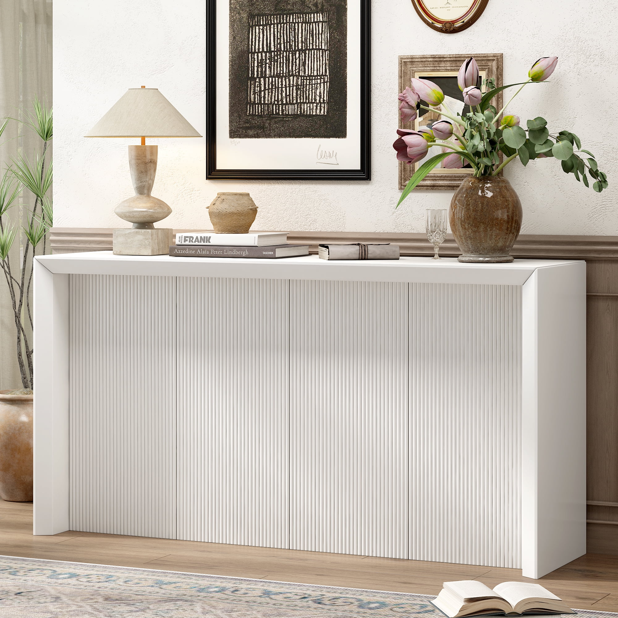 Harper & Bright Designs Fluted Wood Console Table , Minimalist Acacia Wood Entryway Table forHallway and Entryway , White
