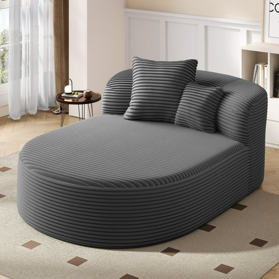 Harper & Bright Designs Foam Chaise Indoor Lounge, Corduroy Boneless Curved Lounge Couch, Compressed Floor Single Sofa Chair with Two Supportive Pillows for Living Room , Gray