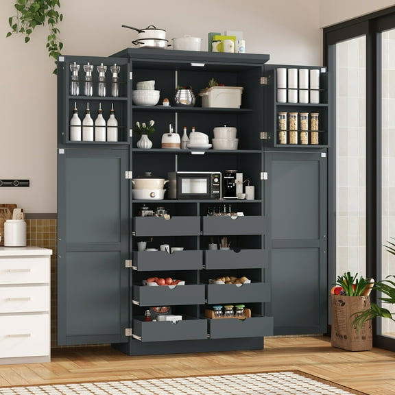 Harper & Bright Designs Freestanding Kitchen Pantry Cabinet, Tall Storage Cabinet with 4 Doors and 2 Door Shelves, Freestanding Cupboard with 8 Pull-Out Trays and Adjustable Shelf, Gray