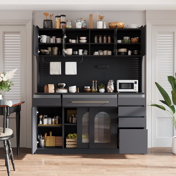 Harper & Bright Designs Freestanding Kitchen Pantry Storage Cabinet with Drawers and Shelves, Large Kitchen Hutch with Door Towel Rack Power Outlet, Black