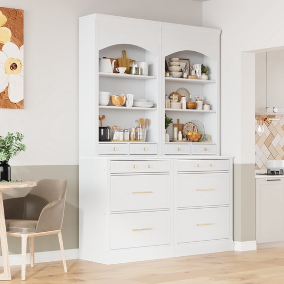 Harper & Bright Designs Freestanding Kitchen Pantry Storage Cabinet with Drawers and Shelves, Tall Kitchen Hutch with Faux Marble Top, Set of 2, White