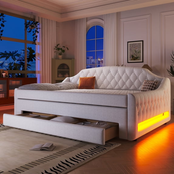 Harper & Bright Designs Full Buttons Tufted Daybed with Nail Head Decoration, Luxurious Linen Upholstered Sofa Bed wih LED Light for Living Bedroom Guest Room, Beige