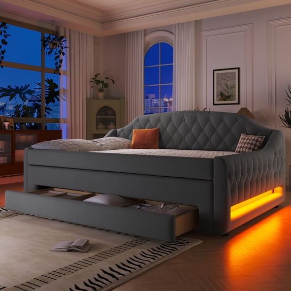 Harper & Bright Designs Full Buttons Tufted Daybed with Nail Head Decoration, Luxurious Linen Upholstered Sofa Bed wih LED Light for Living Bedroom Guest Room, Gray