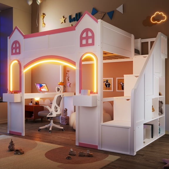 Harper & Bright Designs Full Castle House Loft Bed with Desk and LED Light, Solid Wood Princess Loft Bed with Stairs and Storage Shelves for Girls Bedroom, White+Pink