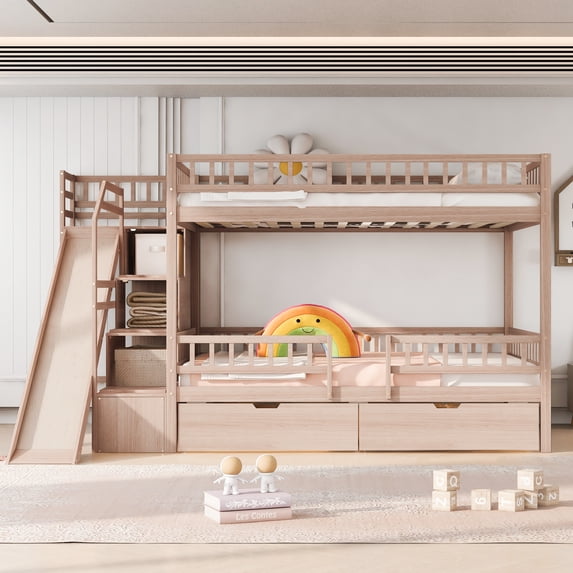 Harper & Bright Designs Full Over Full Bunk Bed with Slide and Storage Staircase, Full Size Solid Pine Wood Bunk Bed Frame with 2 Drawers and Guardrail, Walnut