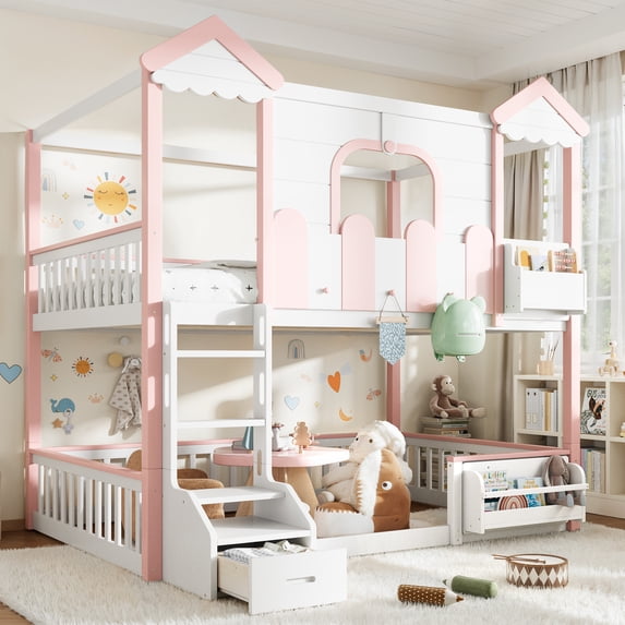 Harper & Bright Designs Full over Full Bunk Bed with Storage Drawers and Bookshelf, House Bunk Bed Frame with Roof and Windows, Solid Wood Bunk Bed with Playhouse Design, White & Pink