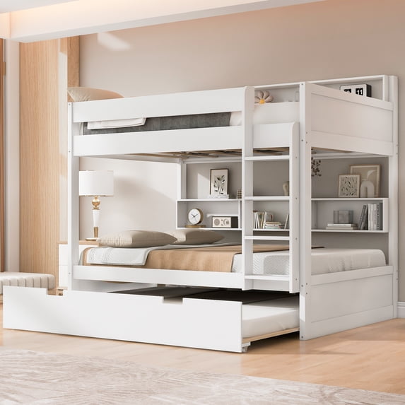 Harper & Bright Designs Full Over Full Bunk Bed with Trundle and Storage, Wood Bunk Beds Frame with Storage Bookcase Shelves for Apartment Dormitory, White