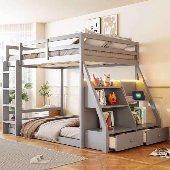 Harper & Bright Designs Full Over Full Floor Bunk Bed with Drawers & LED Lights, Solid Wood Full Size Bunk Bed Frame with Storage Shelves Bookcase and Charging Station for Bedroom Dormitory, Gray