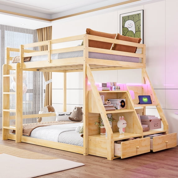 Harper & Bright Designs Full Over Full Floor Bunk Bed with Drawers & LED Lights, Solid Wood Full Size Bunk Bed Frame with Storage Shelves Bookcase and Charging Station for Bedroom Dormitory, Natural