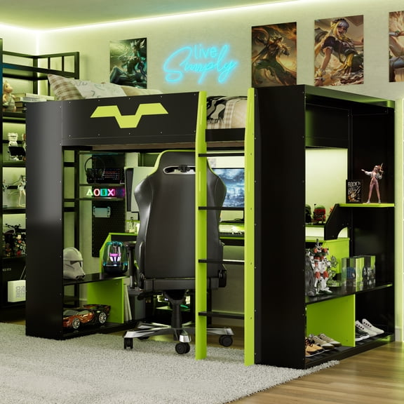 Harper & Bright Designs Full Gaming Loft Bed with Desk and Storage, Charging Station & LED Lights, Solid Wood Loft Bed Frame with Storage Shelves for Dorm Apartment, Green