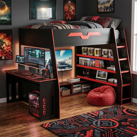 Harper & Bright Designs Full Gaming Loft Bed with Desk and Storage, Wood High Loft Bed with Storage Bookshelves, Cabinet &LED Lights and USB Ports Charging for Dorm Apartment, Red