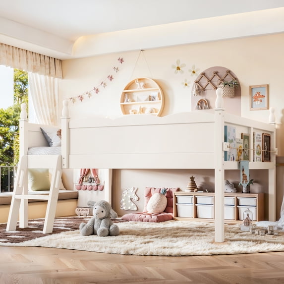 Harper & Bright Designs Full Loft Bed with Side Book Shelf, Solid Wood Low Loft Bed Frame with Full-Length Guardrails and Ladder for Boys Girls, Beige
