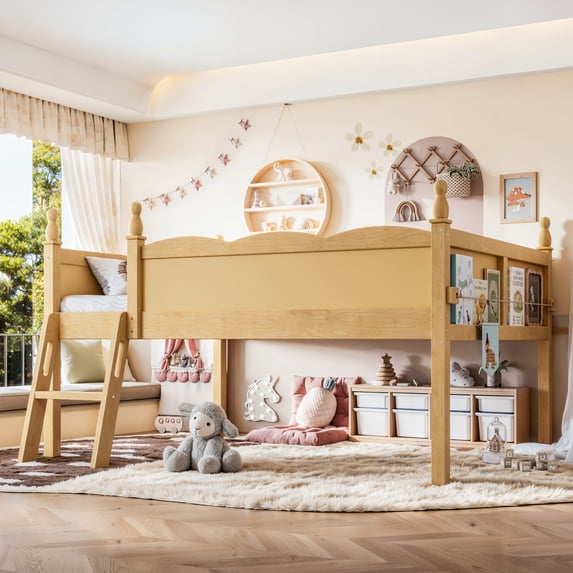 Harper & Bright Designs Full Loft Bed with Side Book Shelf, Solid Wood Low Loft Bed Frame with Full-Length Guardrails and Ladder for Boys Girls, Natural