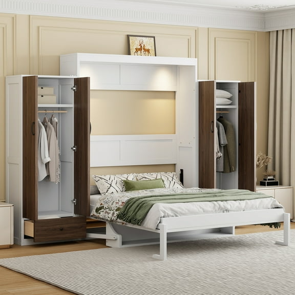 Harper & Bright Designs Full Murphy Bed Wall Bed with Closet, Full Size Cabinet Bed Folding Wall Bed with Storage Drawers and Desk for Guest Room Office, White