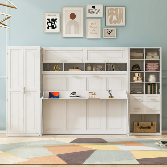 Harper & Bright Designs Full Murphy Bed Wall Bed with Closet, Full Size Cabinet Bed Folding Wall Bed with Storage Drawers and Shelves for Guest Room Office, White