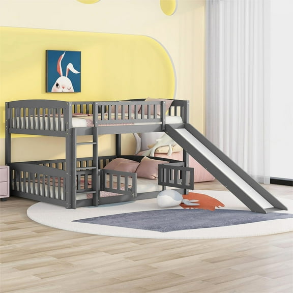 Harper & Bright Designs Full Over Full Bunk Bed with Slide, Low Wooden Full Size Bunk Bedframe with Fence and Ladder, Gray