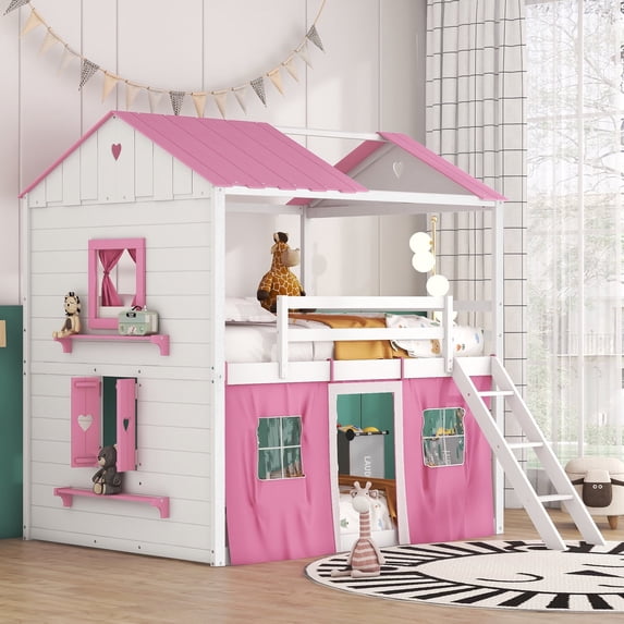 Harper & Bright Designs Full Over Full Bunk Wood House Bed with Elegant Windows Sills and Tent, Full House Bunk Beds, Pink