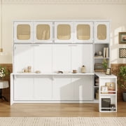 Harper & Bright Designs Full Rattan Murphy Bed with Desk, Folding Wall Chest Bed with Shelves, Wooden Cabinet Bed for Bedroom Guest Room Home Office, White